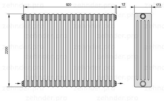 Схема (чертеж) Радиатор Zehnder Charleston 5220/20 №2670 Белый глянцевый RAL 9016